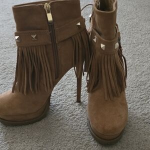 Shoe Dazzle Brown Fringed Heeled Boots